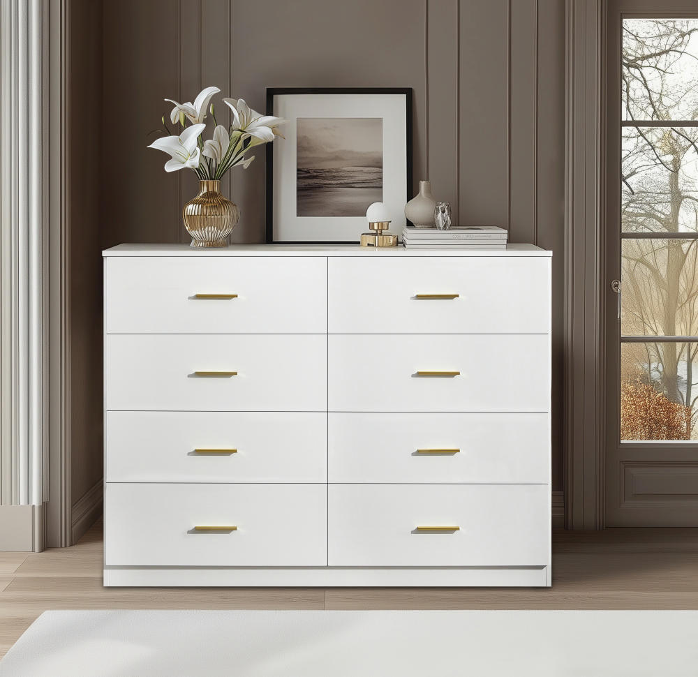 Eliana Modern 8-Drawer Dresser with Gold Handles, White