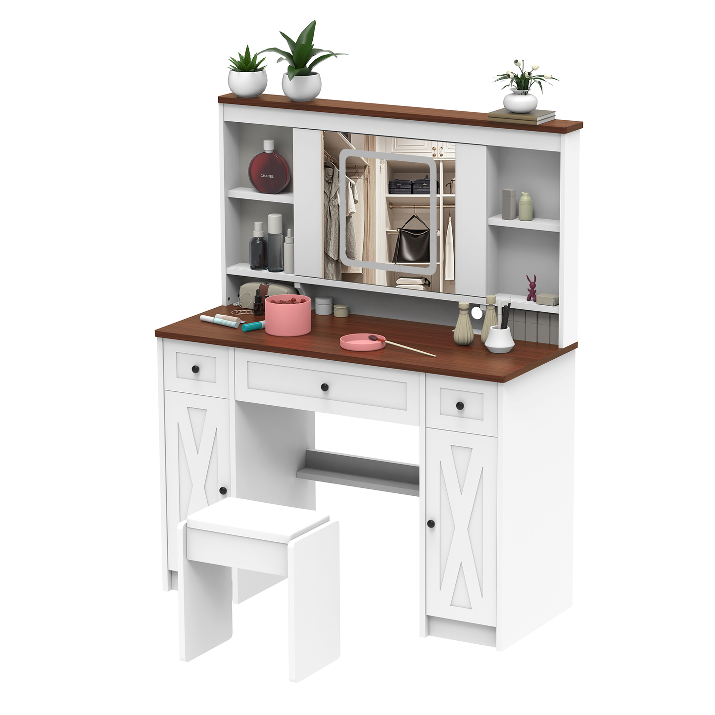 Rockport Farmhouse Vanity Set with Sliding Mirror,Lights and Charging Station, White & Brown