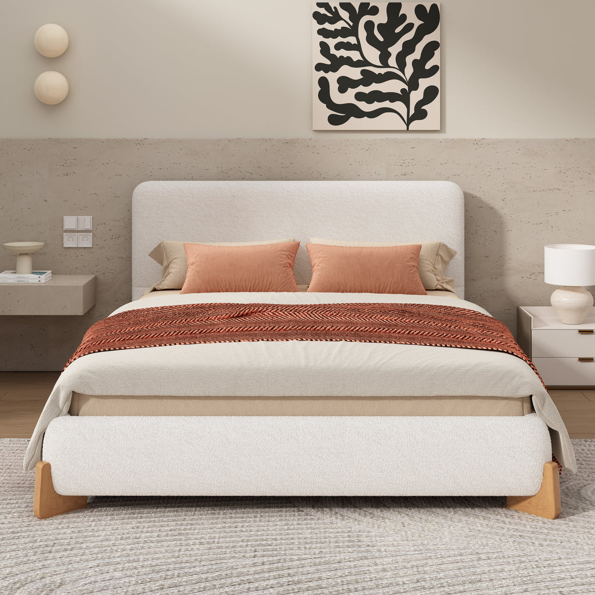 Salem Modern Boucle Upholstered Queen Platform Bed, White