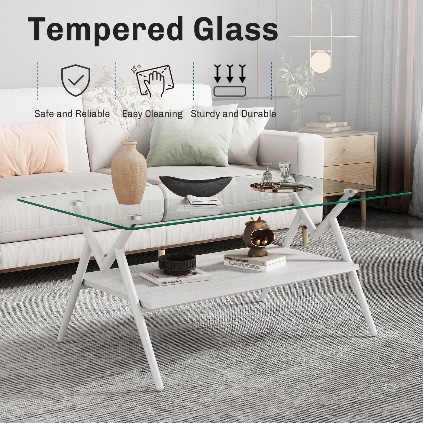Waylon Modern Gray Glass Top Coffee Table, White