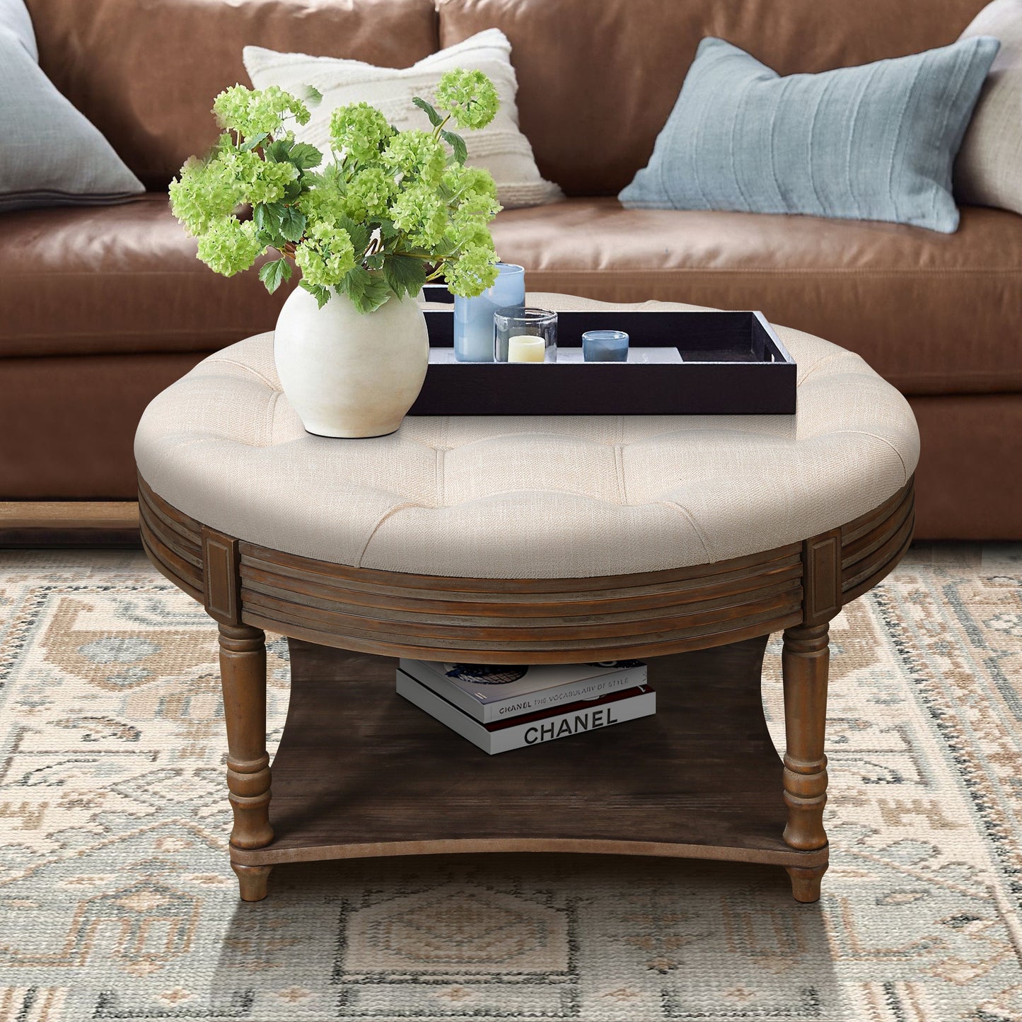 Hartford Large Round 2-Tier Ottoman Coffee Table with Tufted Linen Top