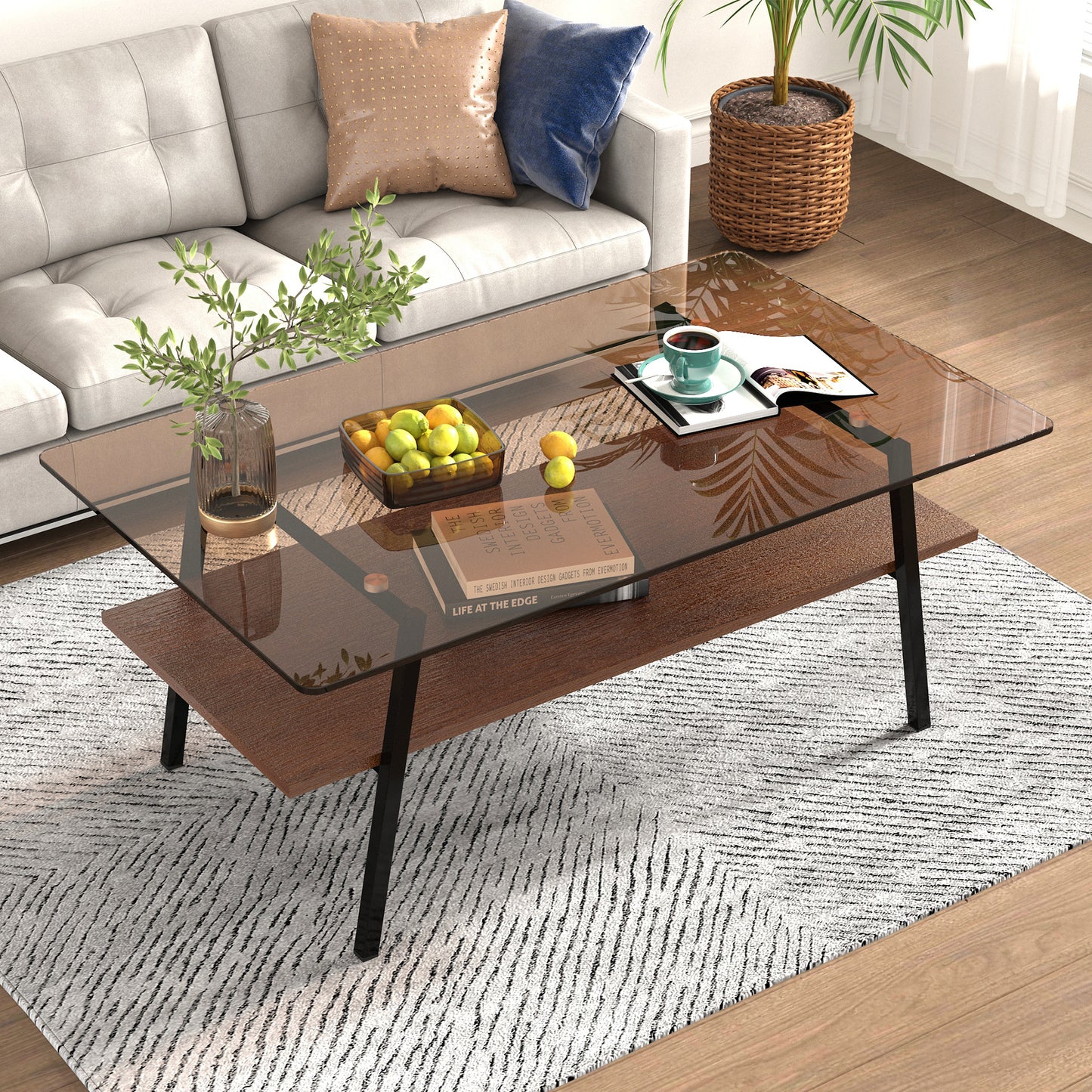 Penn Modern Brown Glass Top Coffee Table with Lower Shelf