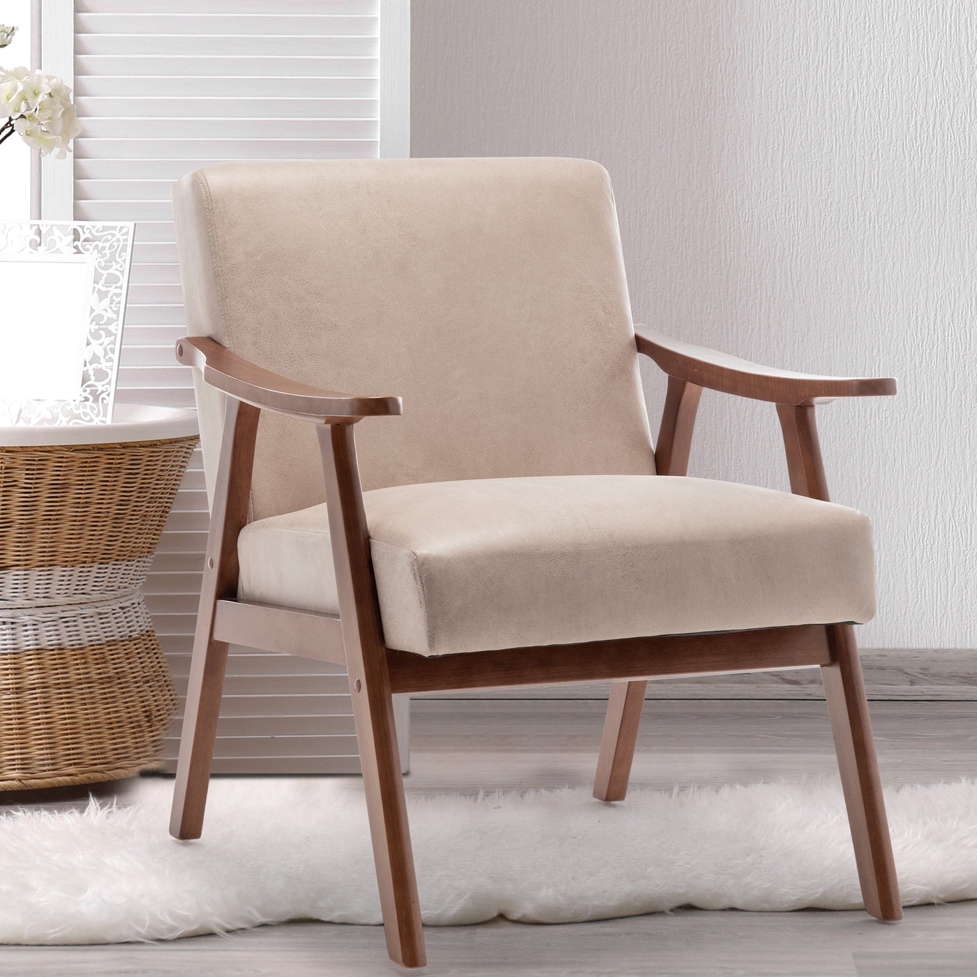 Lyraea Mid-Century Modern Light Camel Fabric Wingback Accent Chair