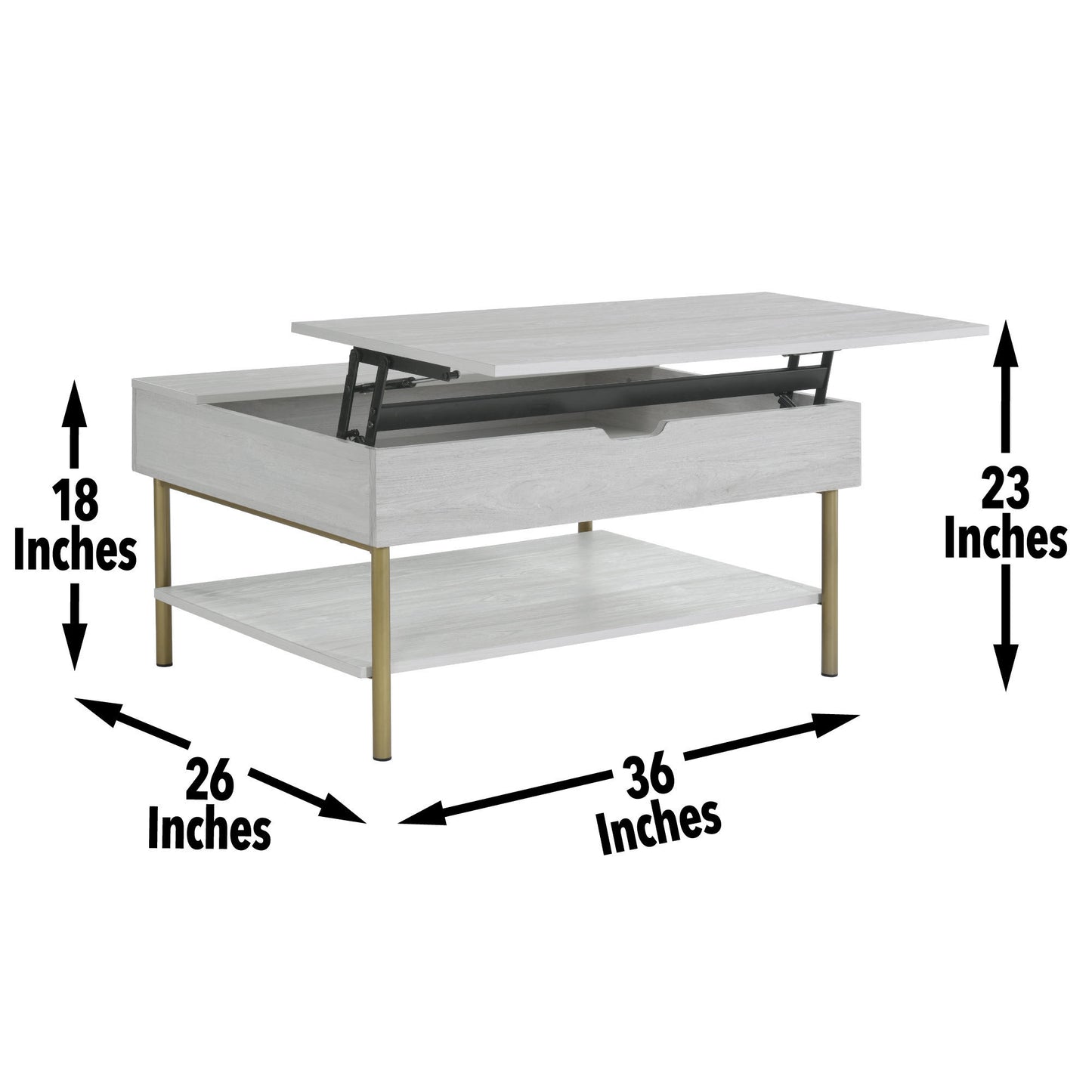 Whitman Lift-Top Coffee Table with Storage Shelf & Satin Brass Legs – White
