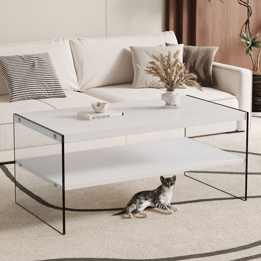 Winslet Modern Double Layer Coffee Table with Tempered Glass Side, White