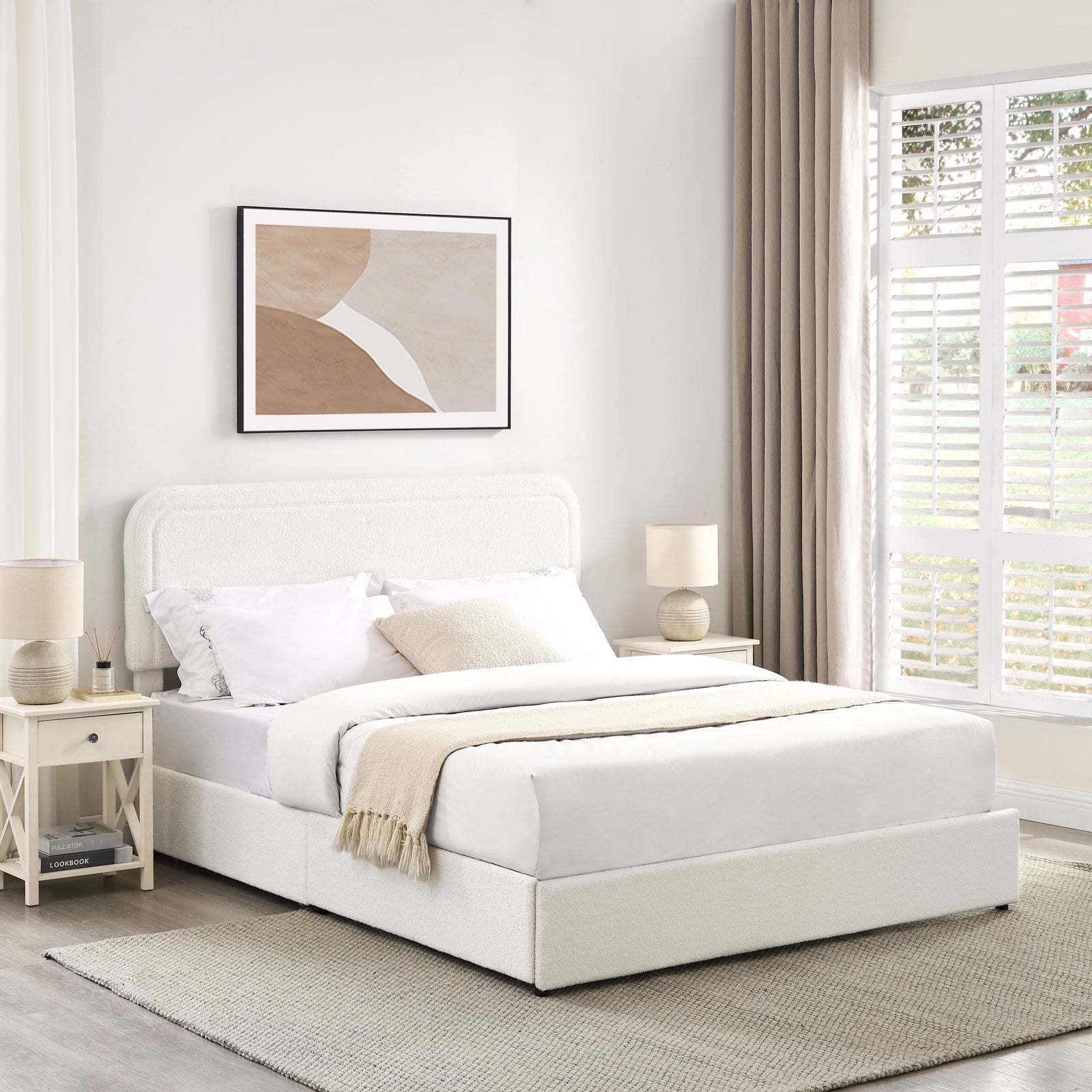 Lilly Patented 2-Drawers Storage Bed Queen Size Ivory Boucle Upholstered Platform Bed