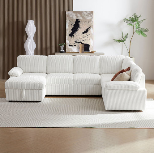 Lorcan Modern Oversize Corduroy Sleeper Sectional, White