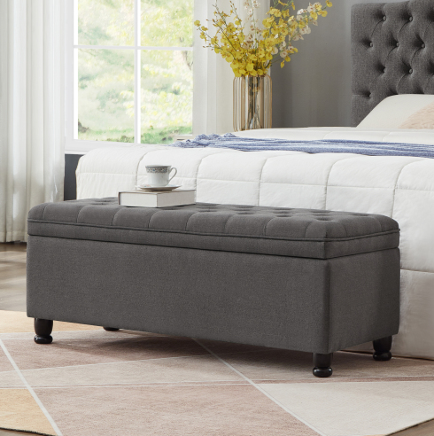 Sandy Tufted Linen Storage Ottoman with Black Legs