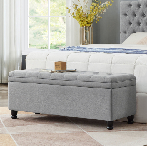 Sandy Tufted Linen Storage Ottoman with Black Legs