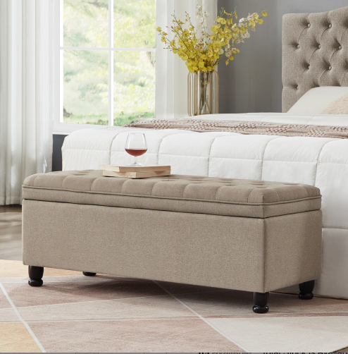 Sandy Tufted Linen Storage Ottoman with Black Legs