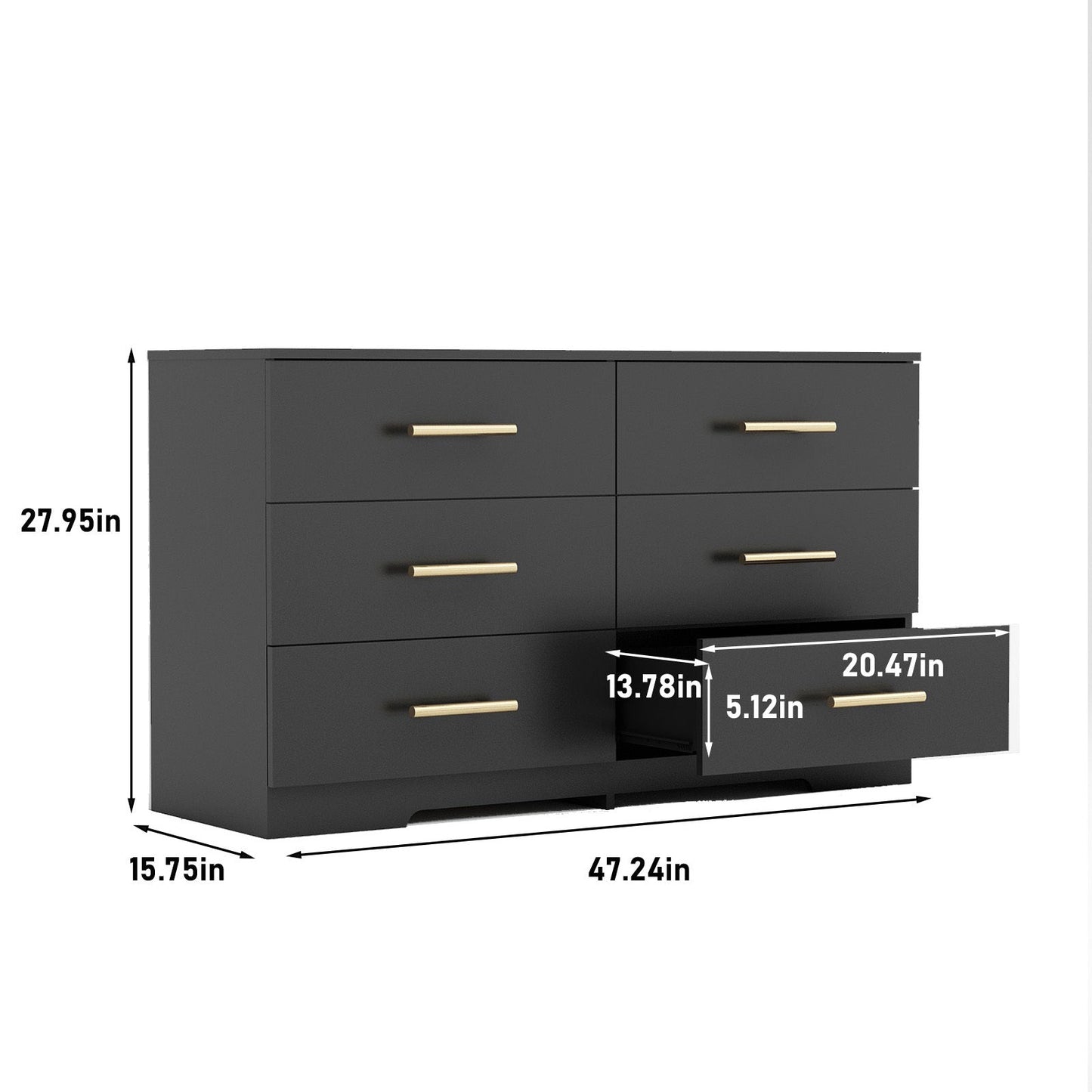 Tristian Modern 6-Drawer Dresser with Gold Handles, Black