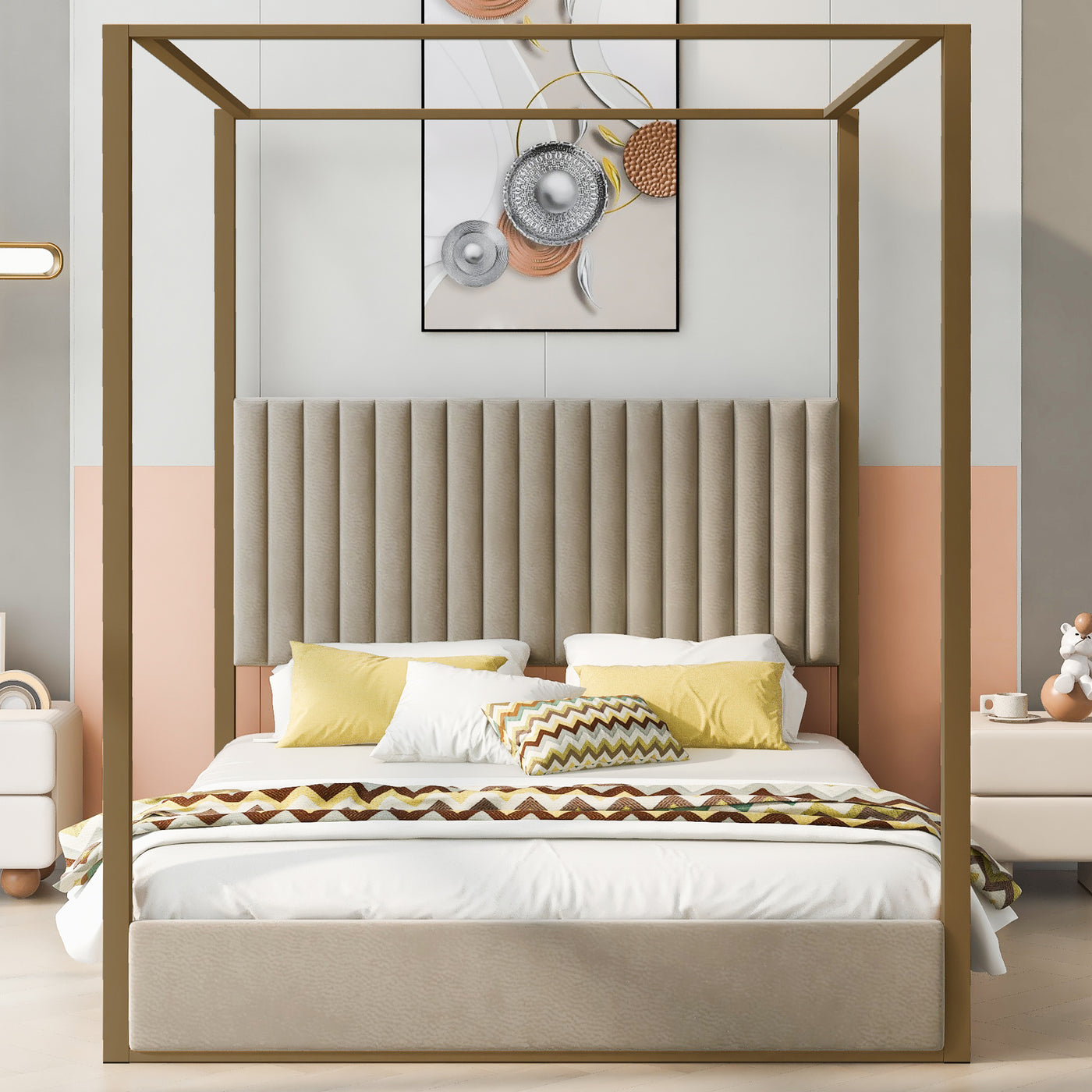 Veronica Queen Size Linen Canopy Bed with Metal Frame - Beige