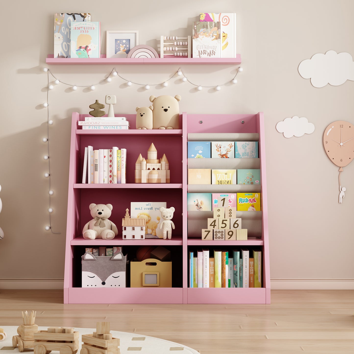 Wooden Toy & Book Organizer with Adjustable Shelf, Pink