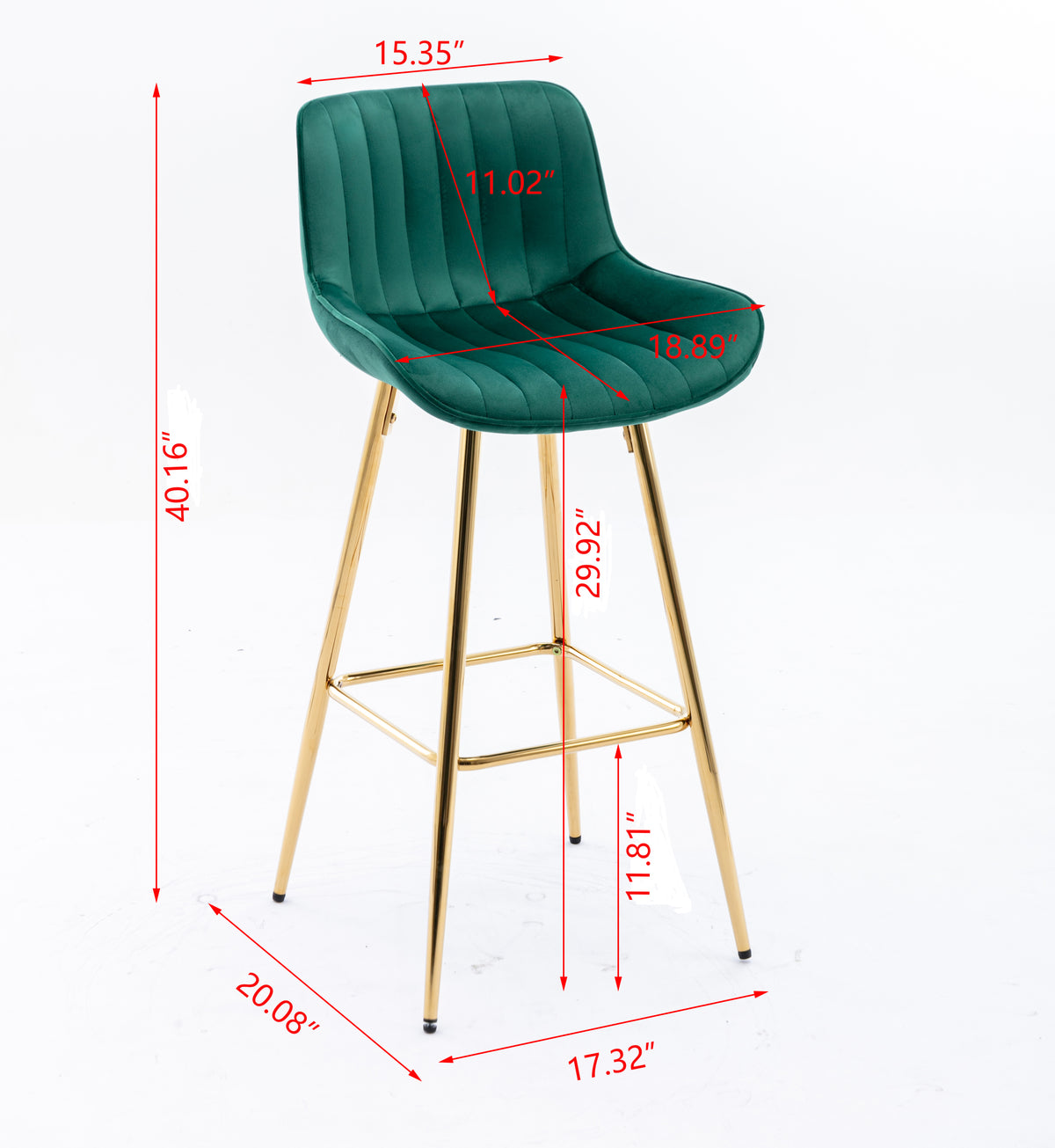 Ednita 30" Velvet Bar Stool with Gold Legs - Green