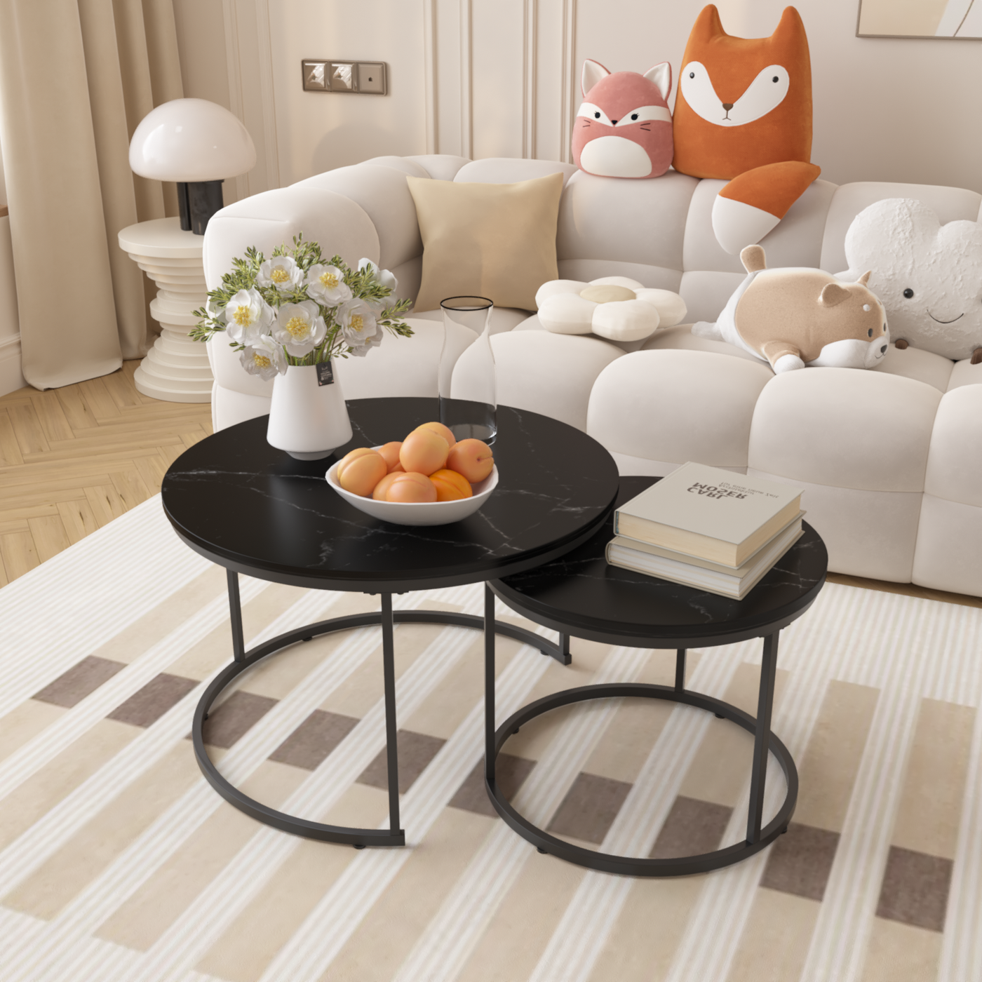 Moonriver 2-Piece Round Nesting Tables, Black Faux Marble