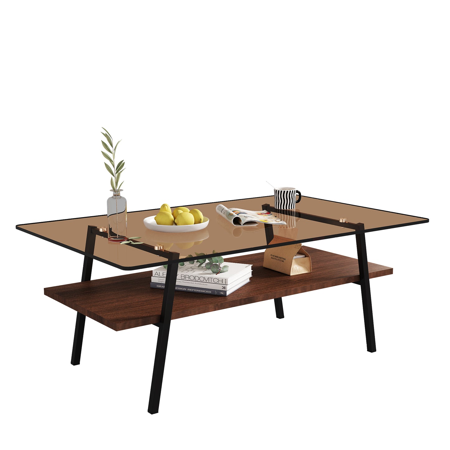 Penn Modern Brown Glass Top Coffee Table with Lower Shelf