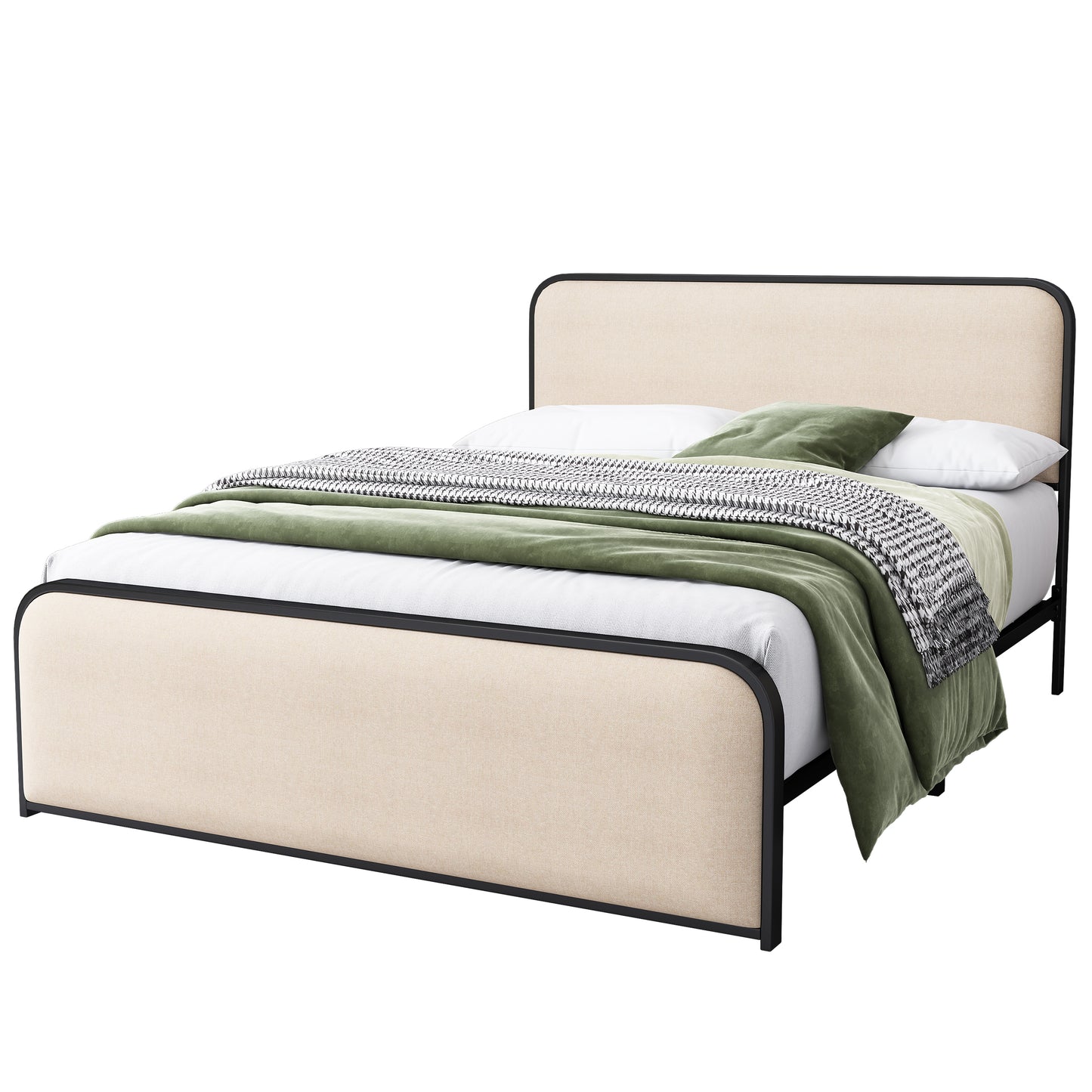 Liriel Modern Metal Frame Queen Bed with Upholstered Headboard & Footboard, Beige
