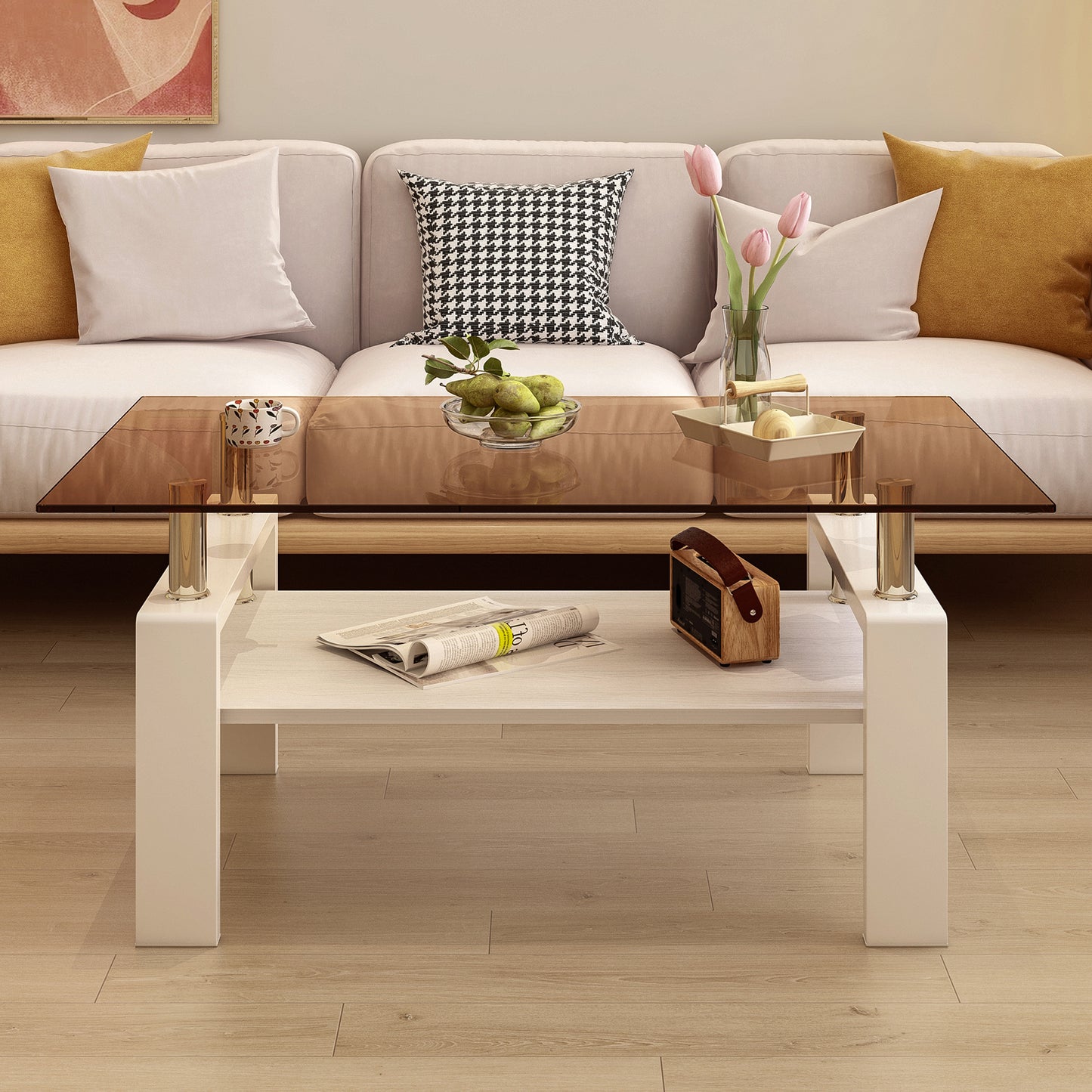 Melo Modern Brown Glass Coffee Table with White Frame
