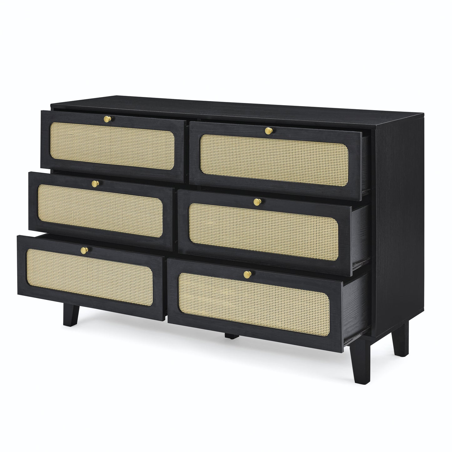 Alaric Mid-Century Modern 6-Drawer Dresser, Black & Rattan