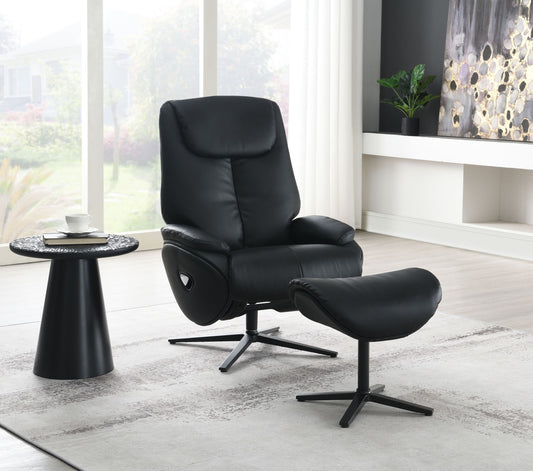 Labotina Black Top Grain Leather Accent Chair with Swivel & Ottoman