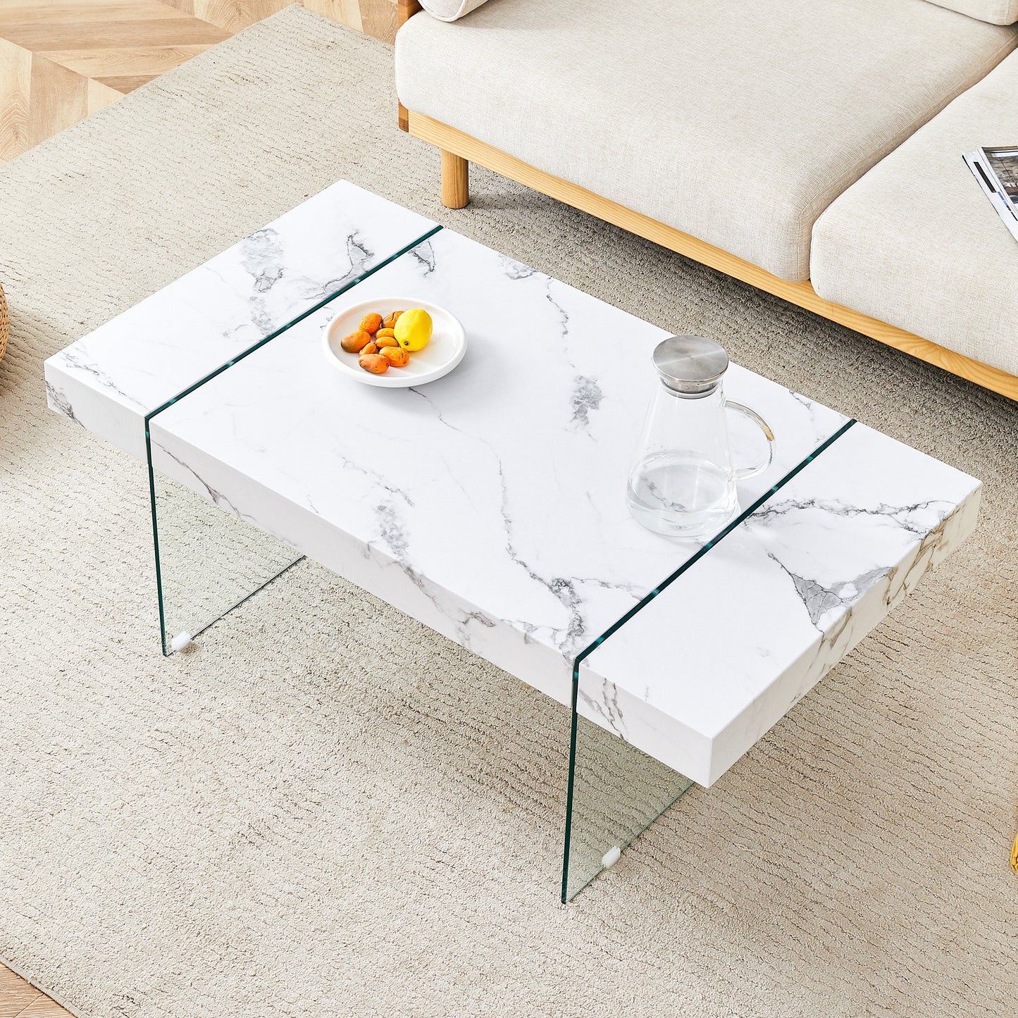 Vada Modern Rectangular Coffee Table with Glass Sides, White Faux Marble