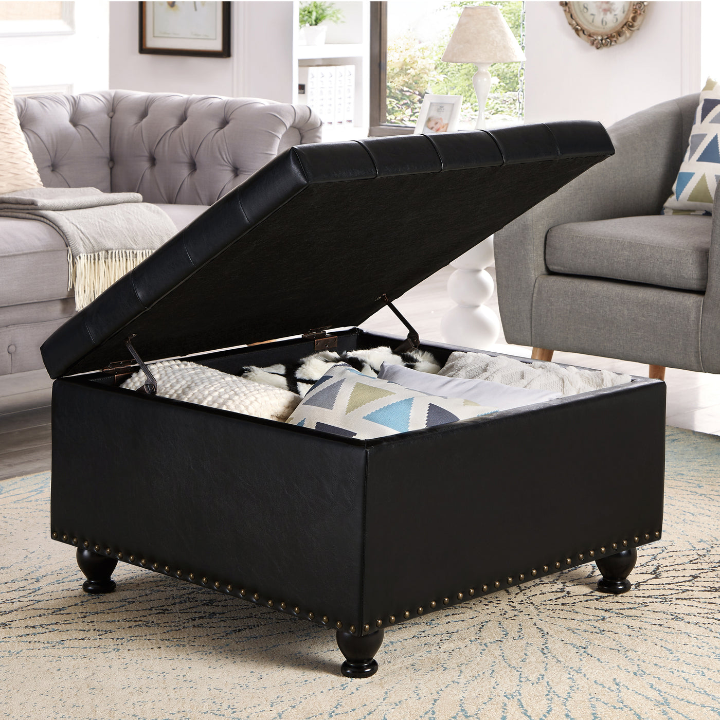 Trent PU Leather Storage Ottoman with Turned Feet - Black