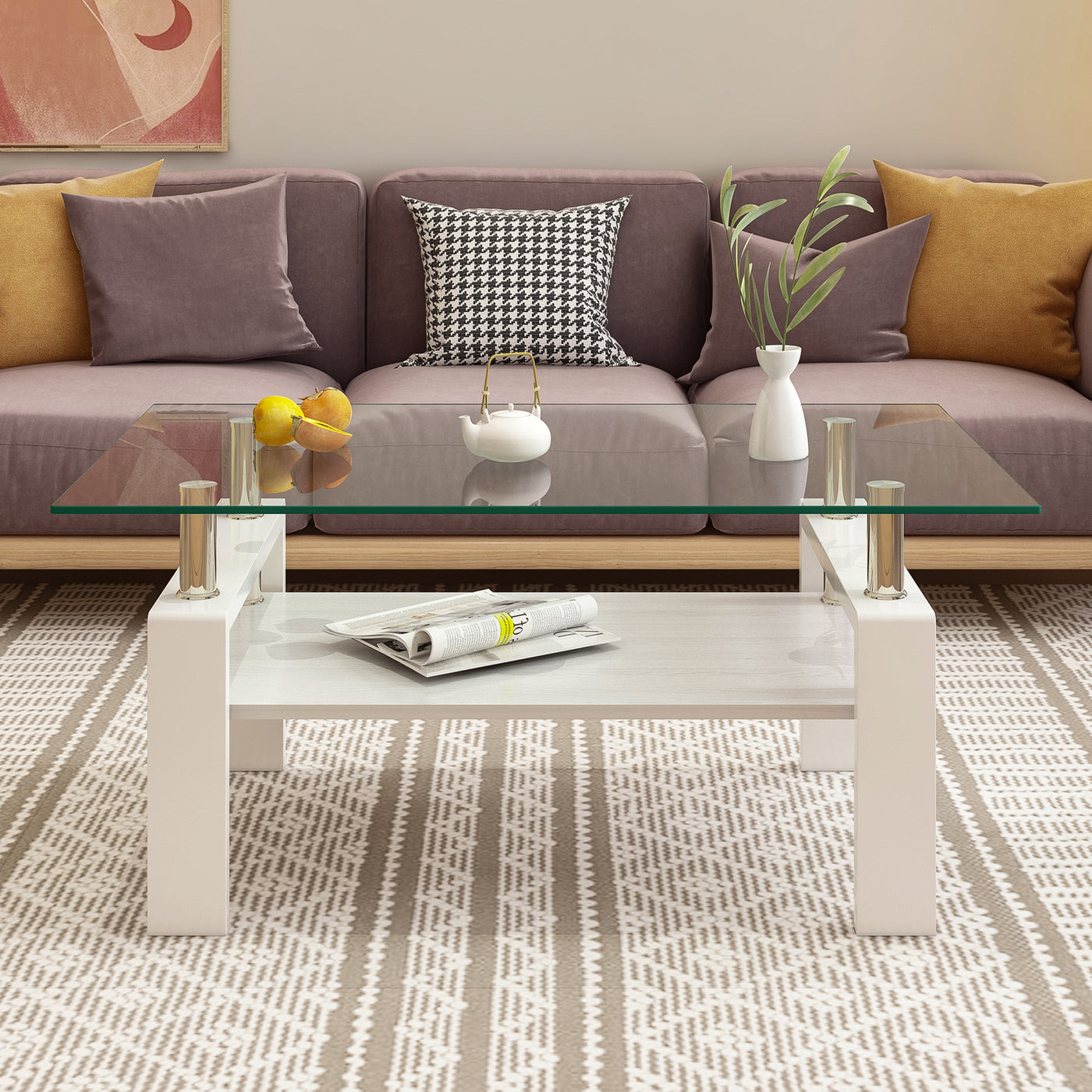 Melo Modern Glass Coffee Table with White Frame