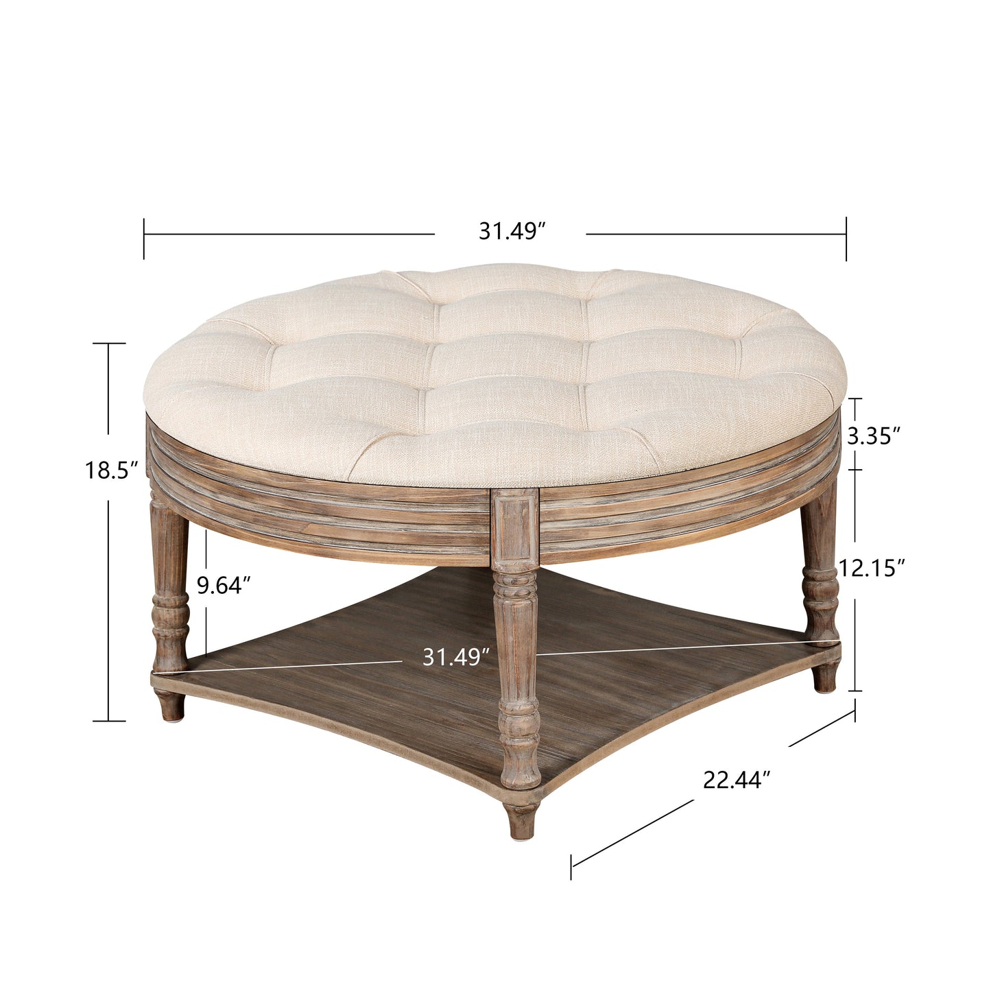 Hartford Large Round 2-Tier Ottoman Coffee Table with Tufted Linen Top