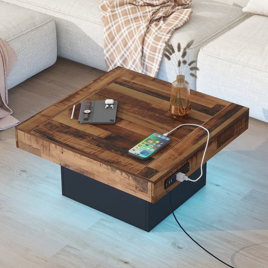 Damaris Farmhouse Coffee Table with USB Ports, Brown