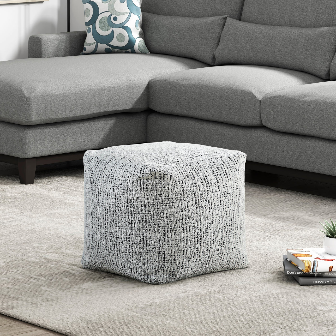 Square Pouf Chenille Fabric Upholstery Modern Ottoman