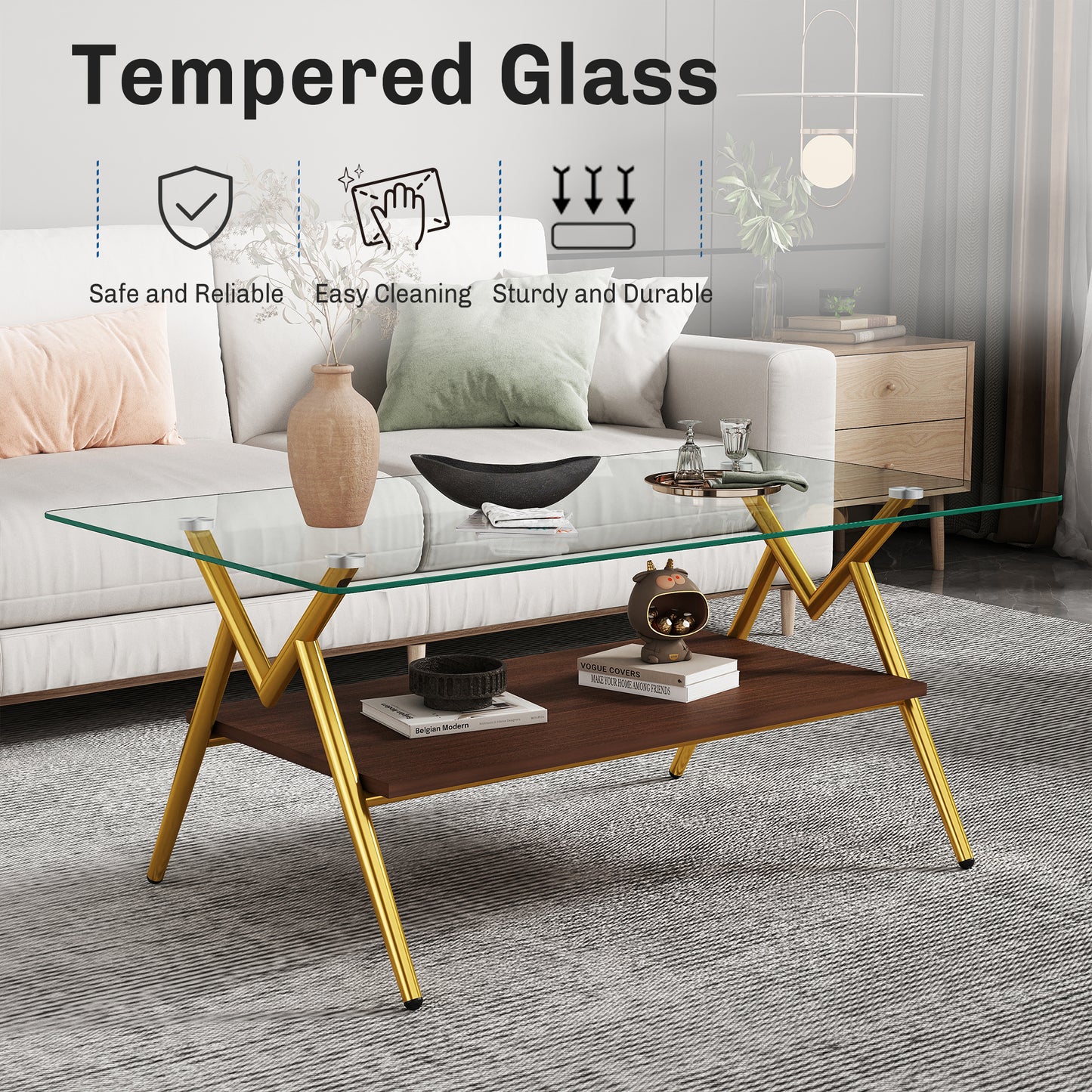 Waylon Modern Glass Top Coffee Table, Gold