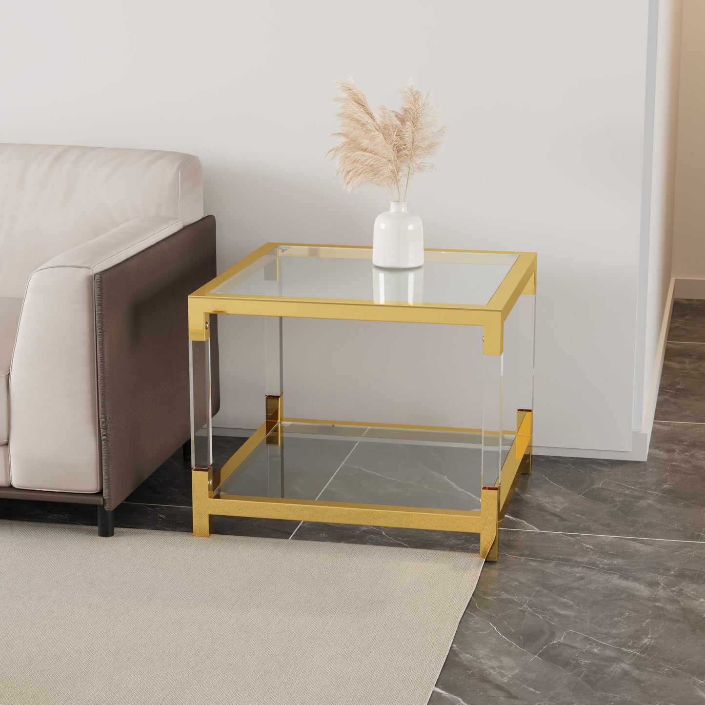 Mira Modern Side Table in Gold with Acrylic Legs