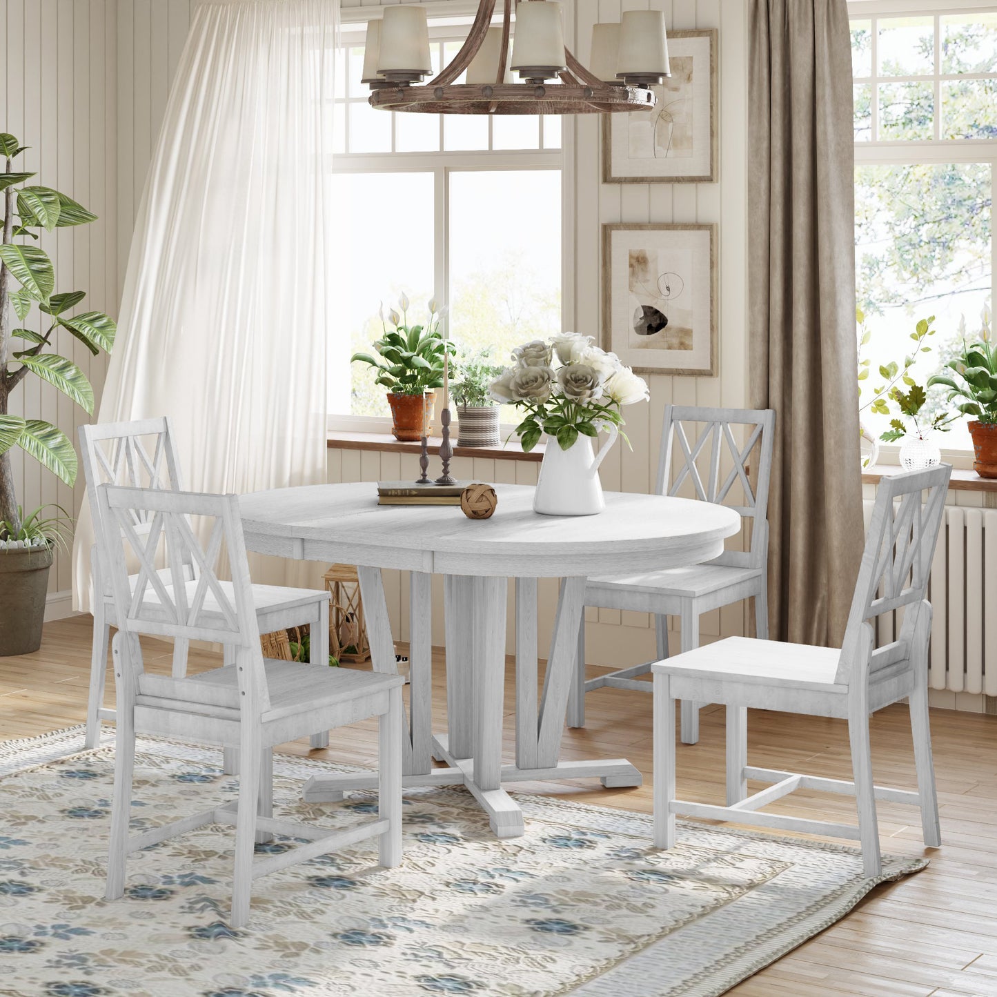 Harper Rustic 5-Piece Extendable Dining Table Set, Light Gray