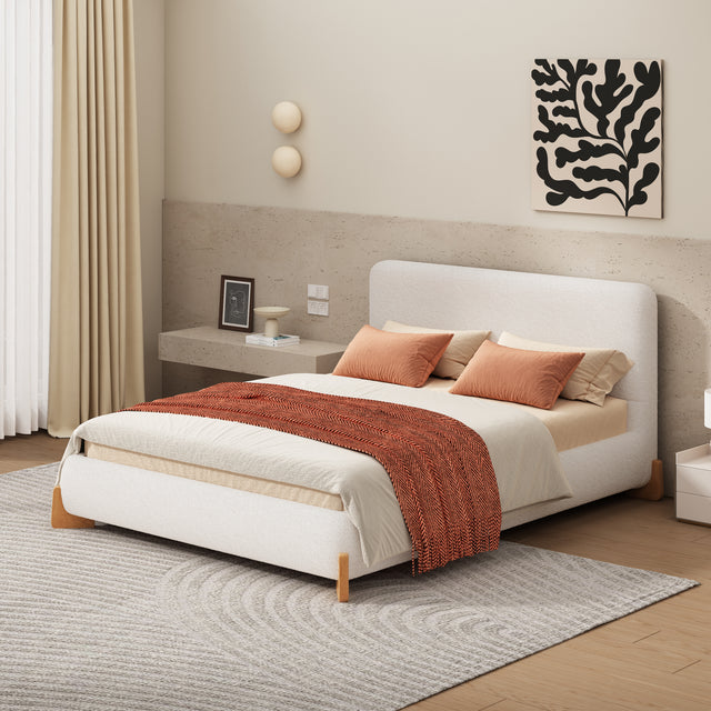 Salem Modern Boucle Upholstered Queen Platform Bed, White