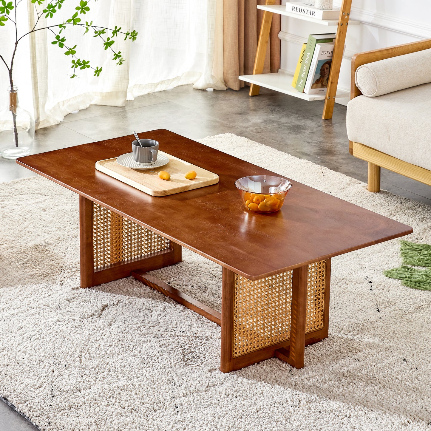 Marshal Mid-Century Modern Coffee Table with Rattan Legs, Walnut
