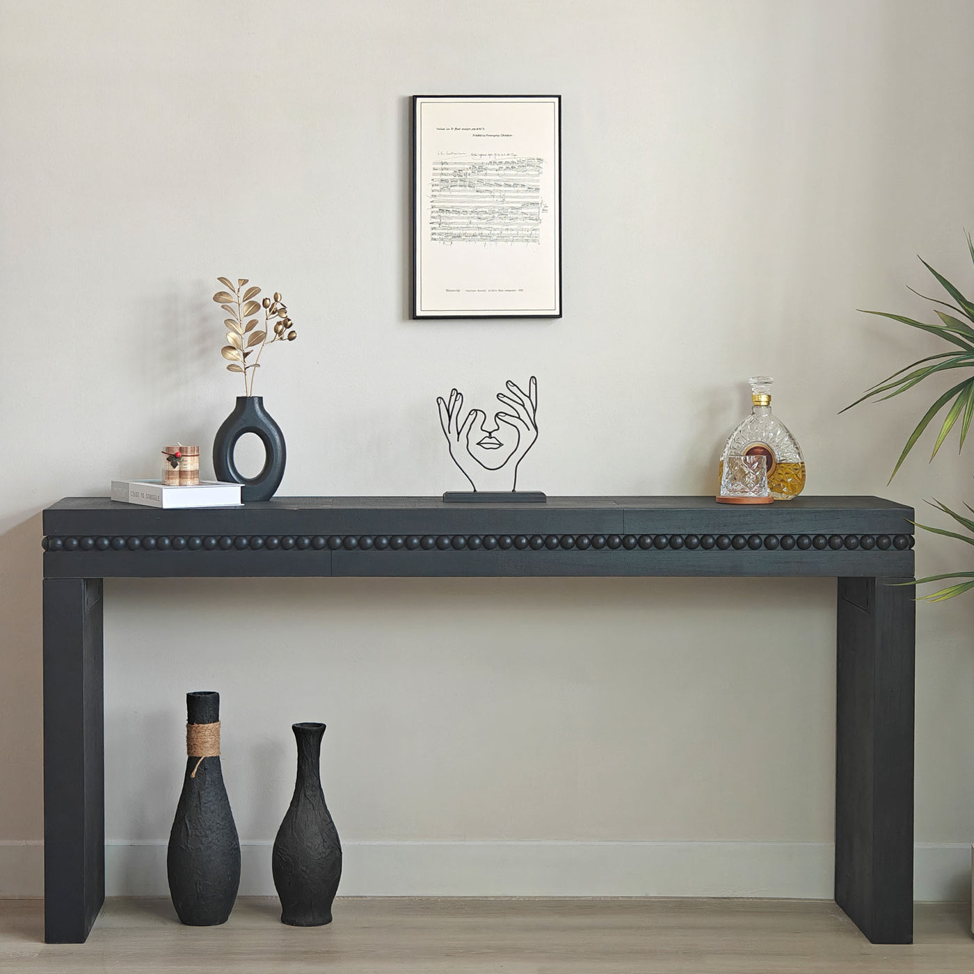 Ansel Wooden Console Table with Real Wood Beads Decoration, Antique Black