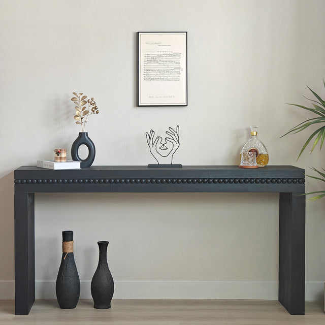 Ansel Wooden Console Table with Real Wood Beads Decoration, Antique Black