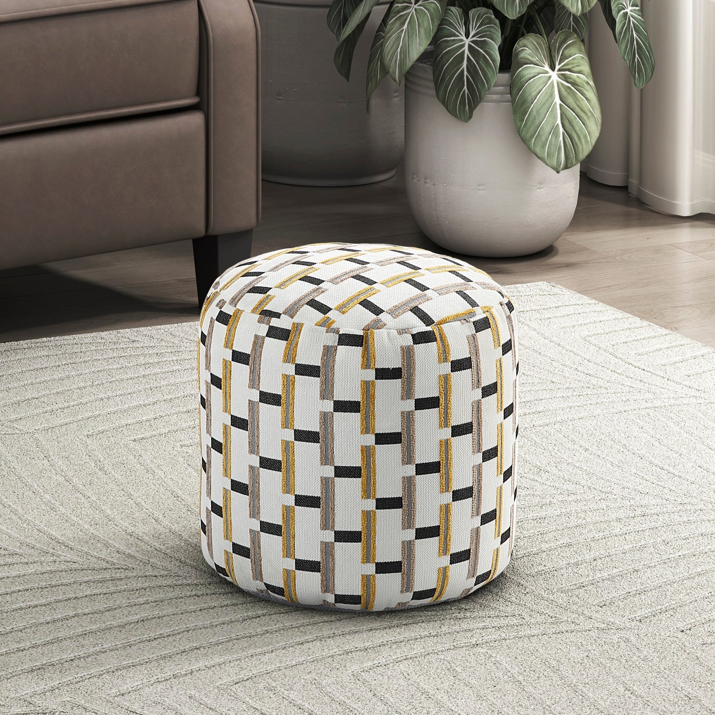 Cylindrical Pouf Multi-Color Jacquard Fabric Upholstery Modern Ottoman