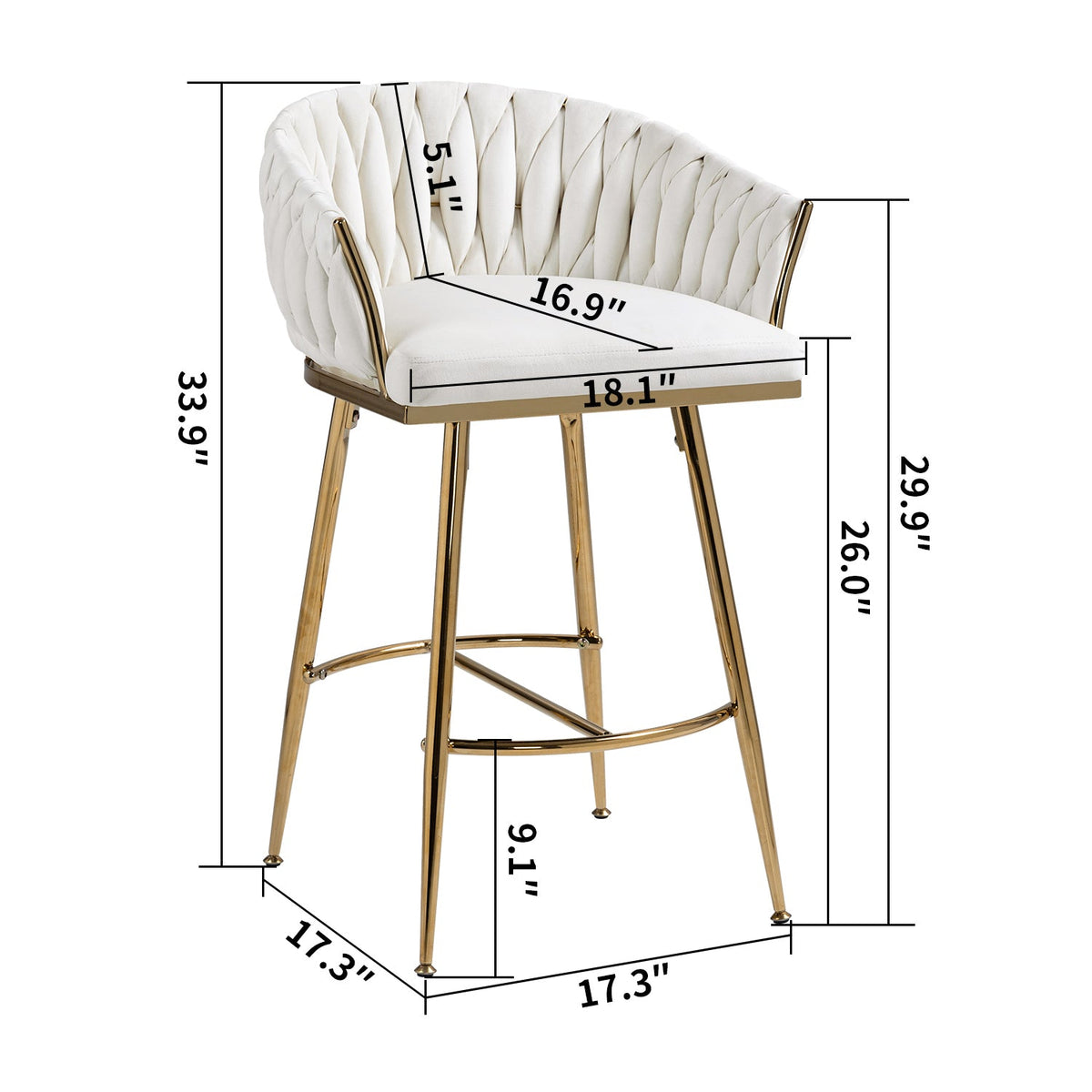Elegant Velvet 26'' Counter Height Bar Stool with Hand-Wave Back and Golden Chrome Base Set of 2 Beige