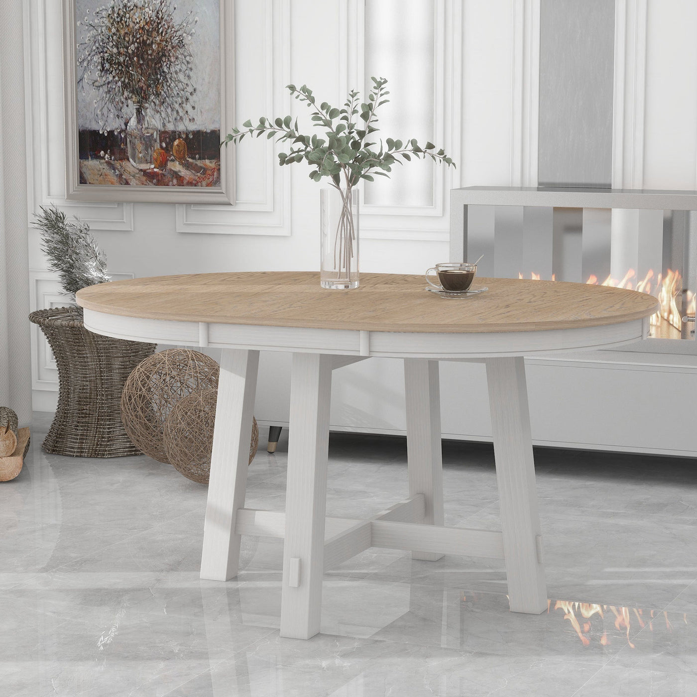 Blyssa Farmhouse Round Extendable Dining Table with 16" Leaf Wood Kitchen Table Oak Natural Wood + Antique White