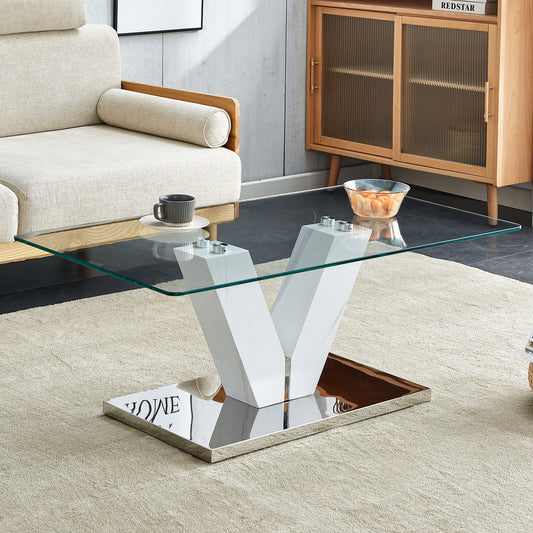 Dina Modern Minimalist Coffee Table with Glass Top & Silver Base