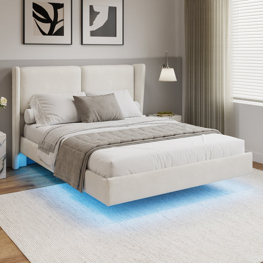 Koa Modern Velvet Floating Wingback Platform Bed with LED Lights