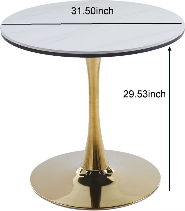 31.5"GOLDEN AND WHITE Tulip Table Mid-century Dining Table for 2-4 people With Round Mdf Table Top, Pedestal Dining Table, End Table Leisure Coffee Table,ceramic and MDF top