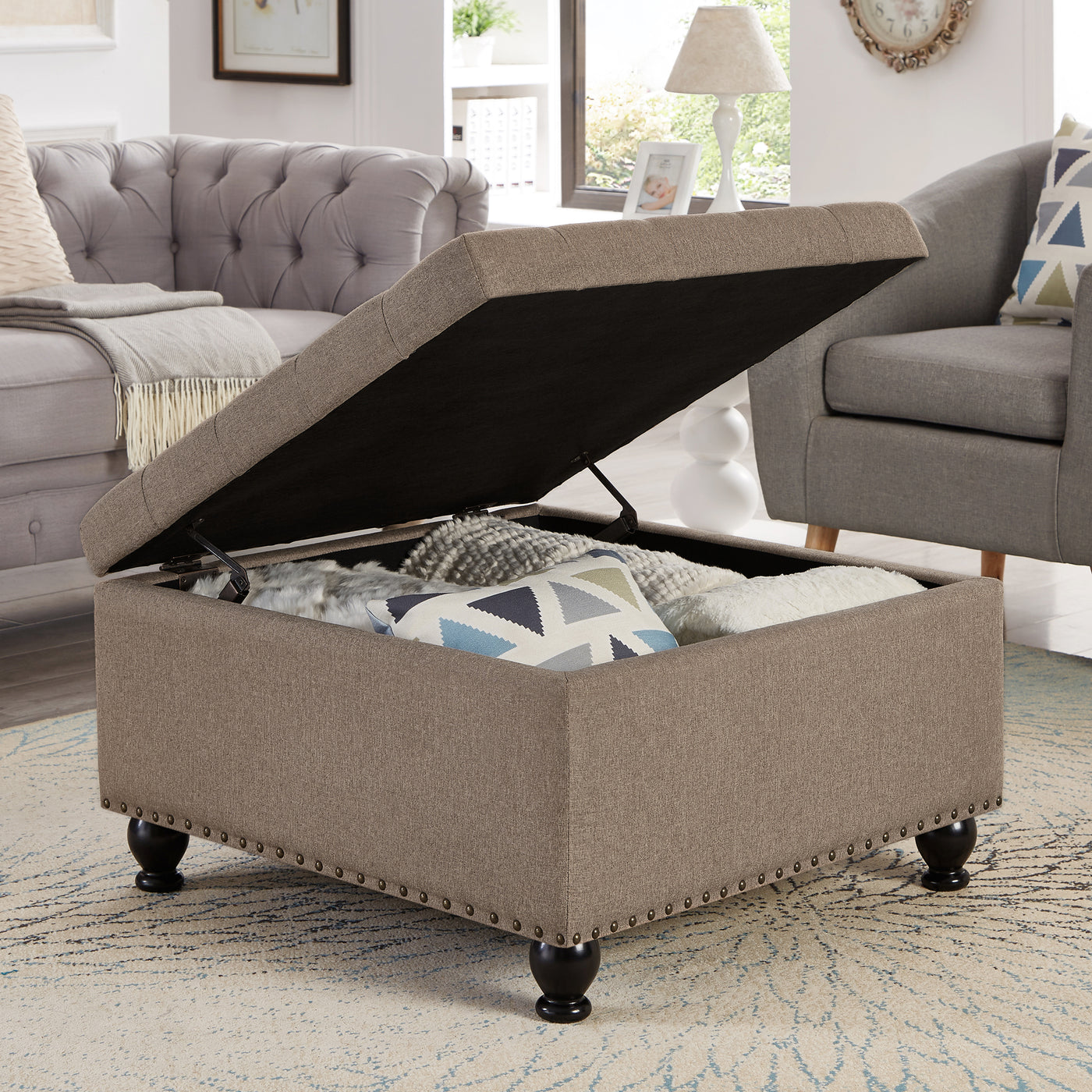 Trent Traditional Linen Storage Ottoman with Turned Feet - Brown