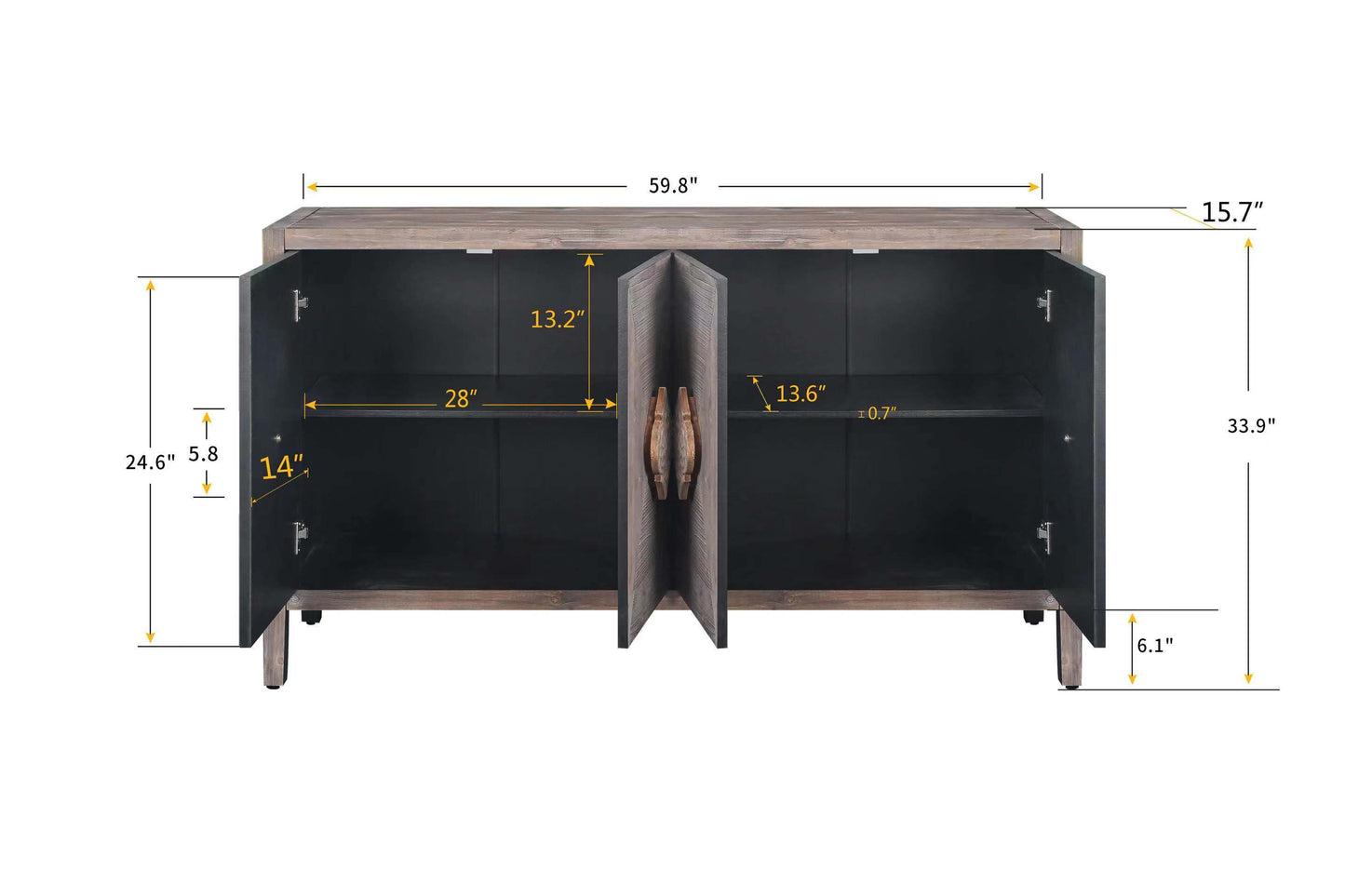 Brenda Carved Flower Door Handle, Antique Four Door Cabinet for Living Room Kitchen Hallway (Brown)