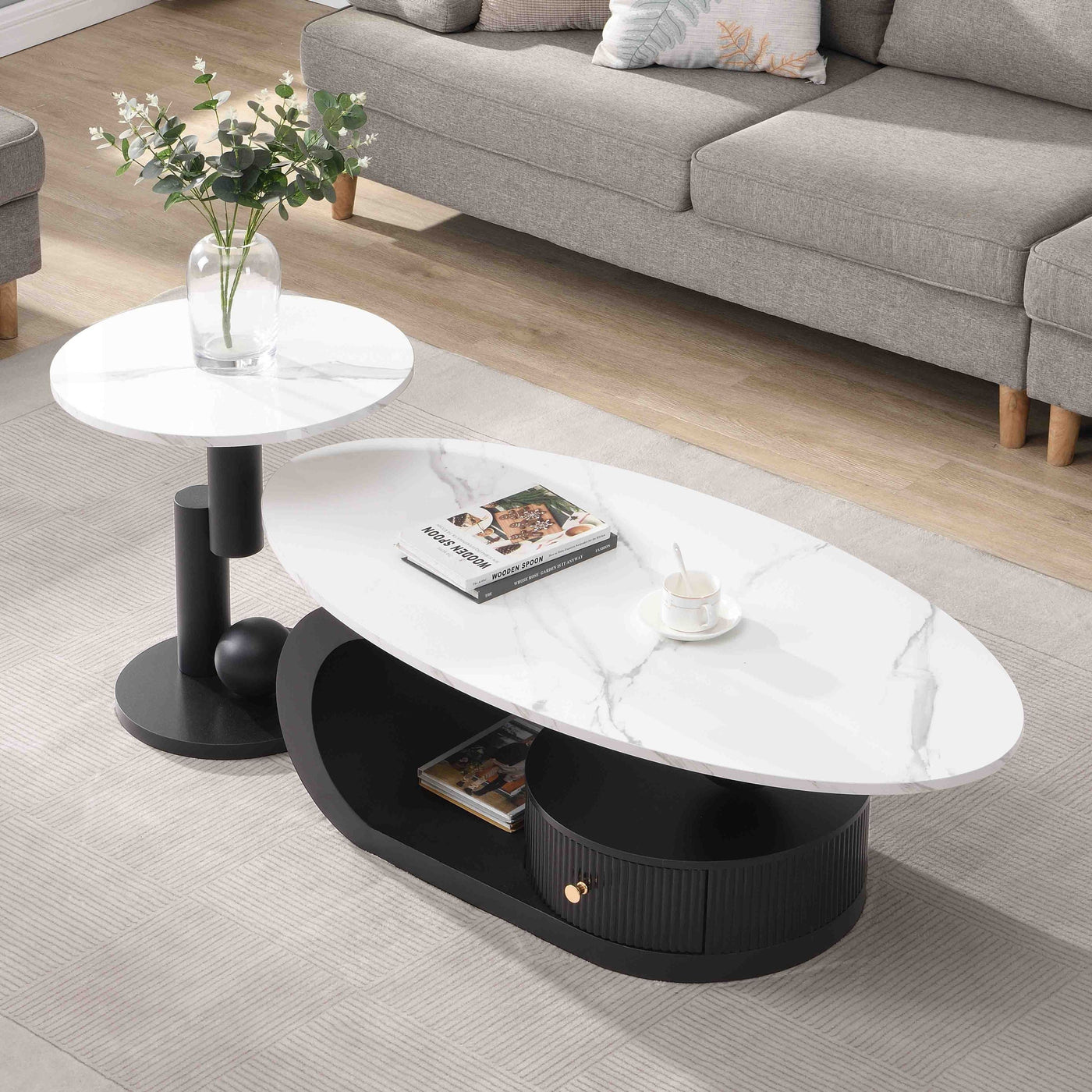 Flossie Modern Oval Nesting Table Set with Faux Marble Top, Black & White