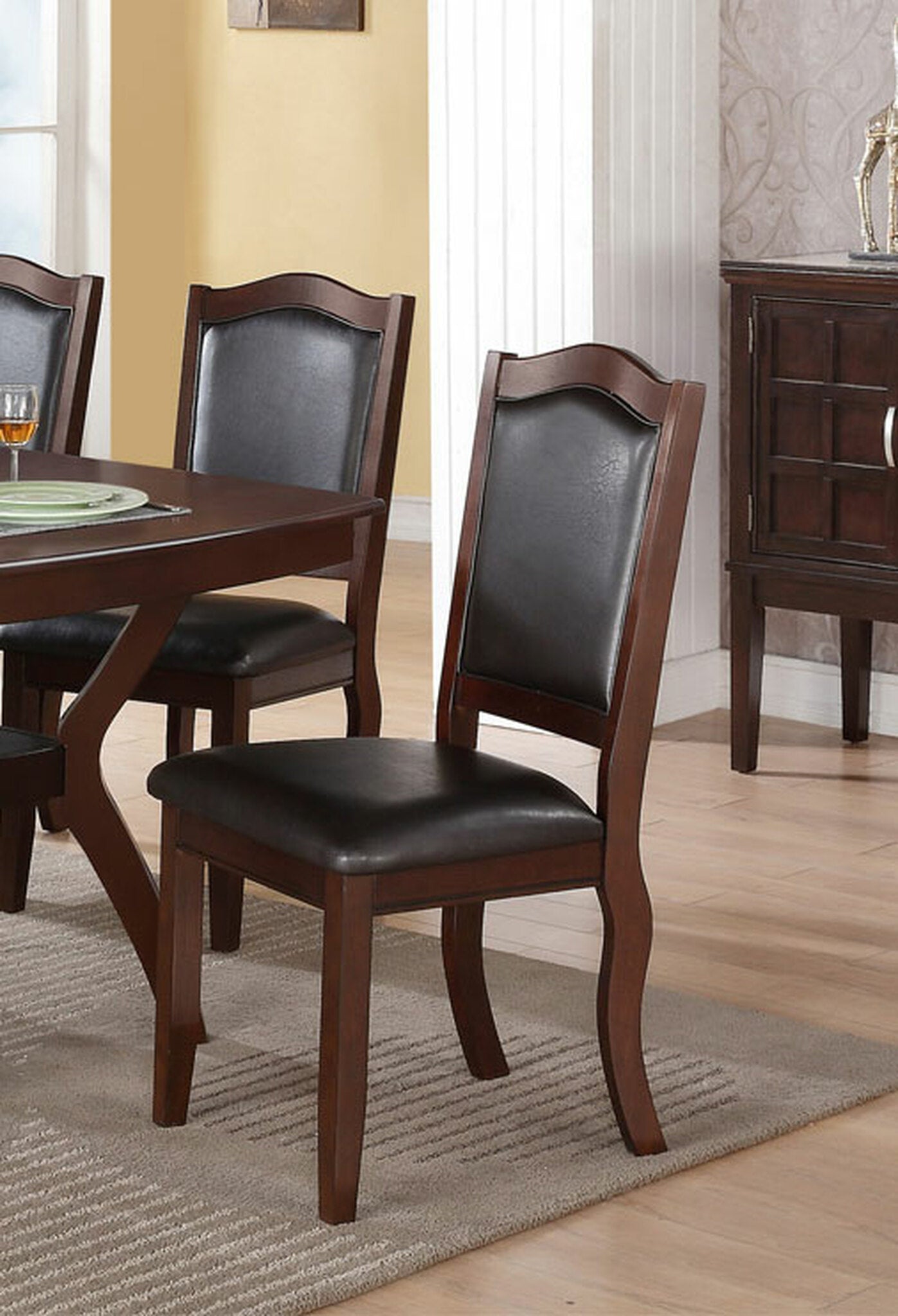 Charlotte Traditional Solid Wood Dining Chairs with Leatherette Padded Seats (Set of 2), Dark Brown