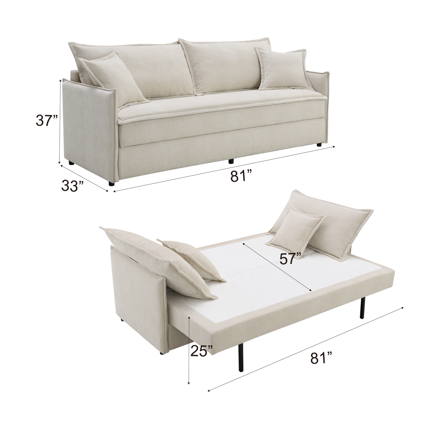 Elisea Beige Fabric Sleeper Sofa w/ 2 Toss Pillows