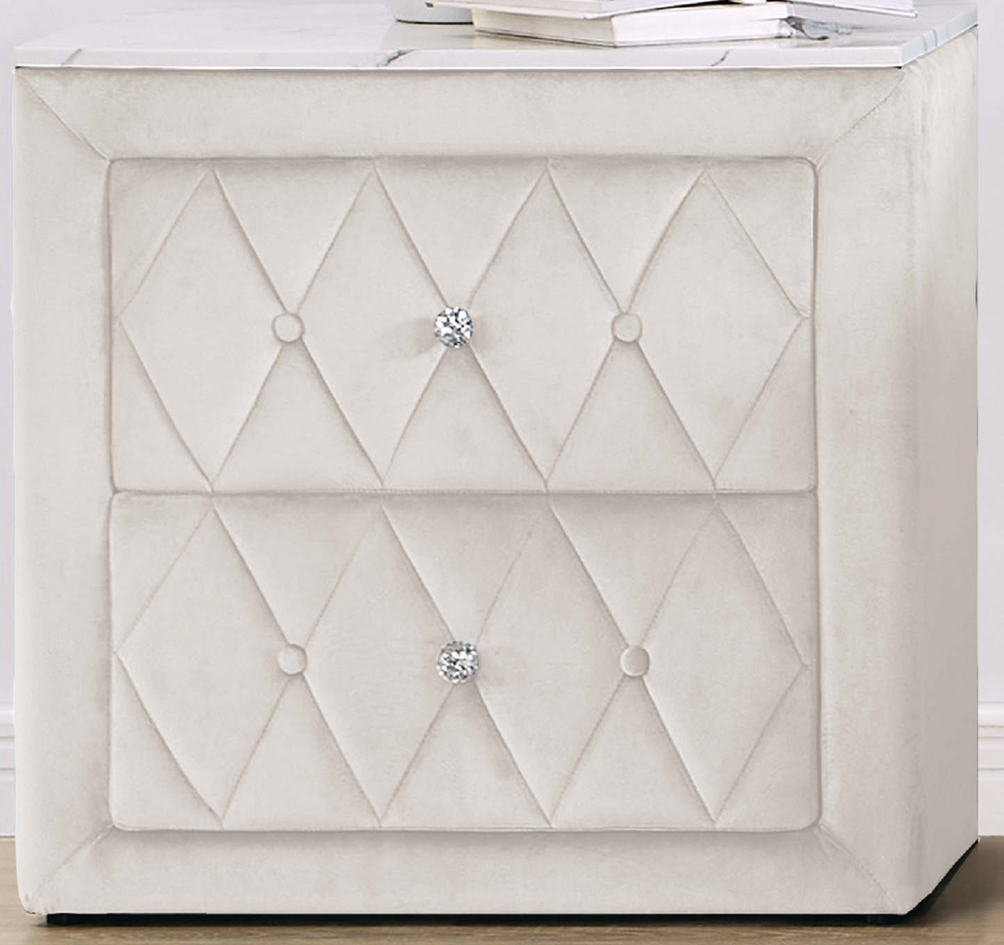 Lela Modern Velvet & Faux Marble Top Upholstered Nightstand, Ivory