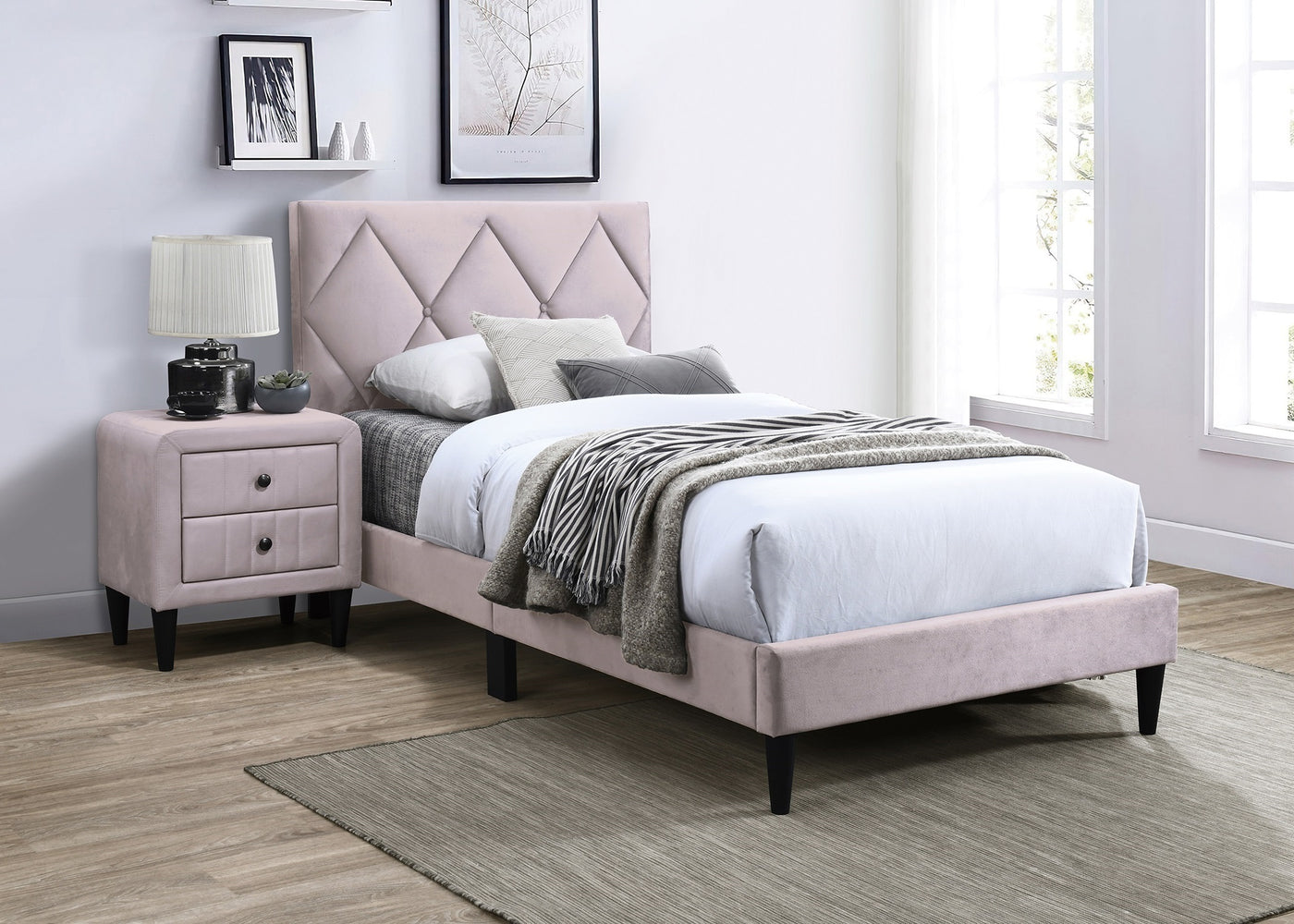 Olivia 2-Drawer Velvet Nightstand with Black Legs, Pink